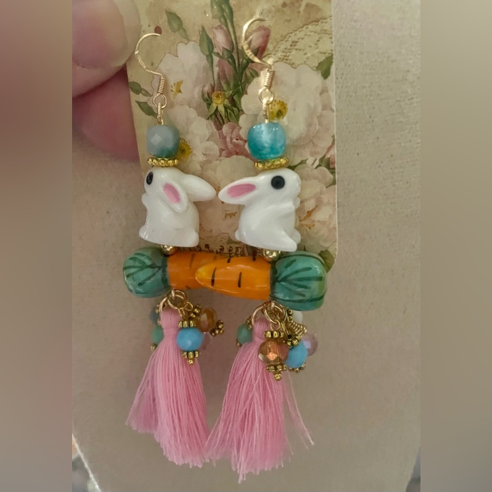 Pink and Orange Bunny Tassel Earrings - Picture 8 of 8